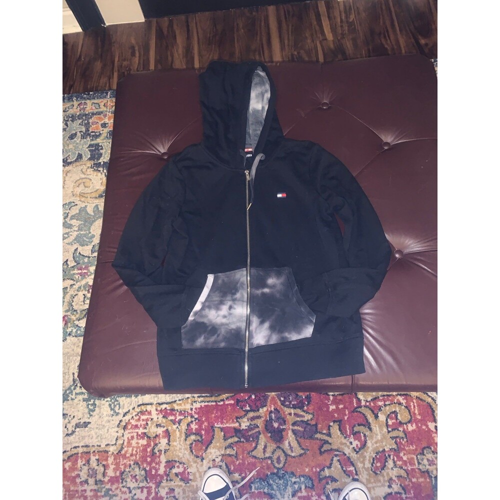 Women’s Tommy Hilfiger Sport Zip‑Up Hoodie Black with Tie‑Dye Accents – Size L